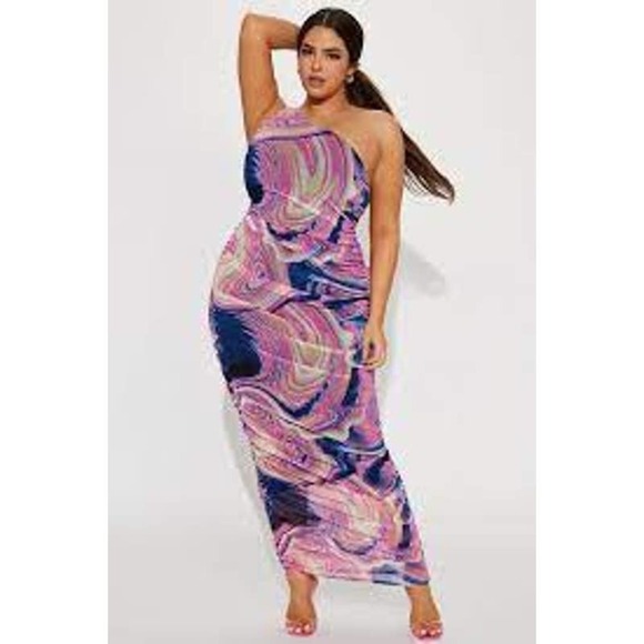 Fashion Nova Ballad of the Babes Maxi Dress 2X Navy One Arm Mesh Ruched Y2K - Picture 1 of 8